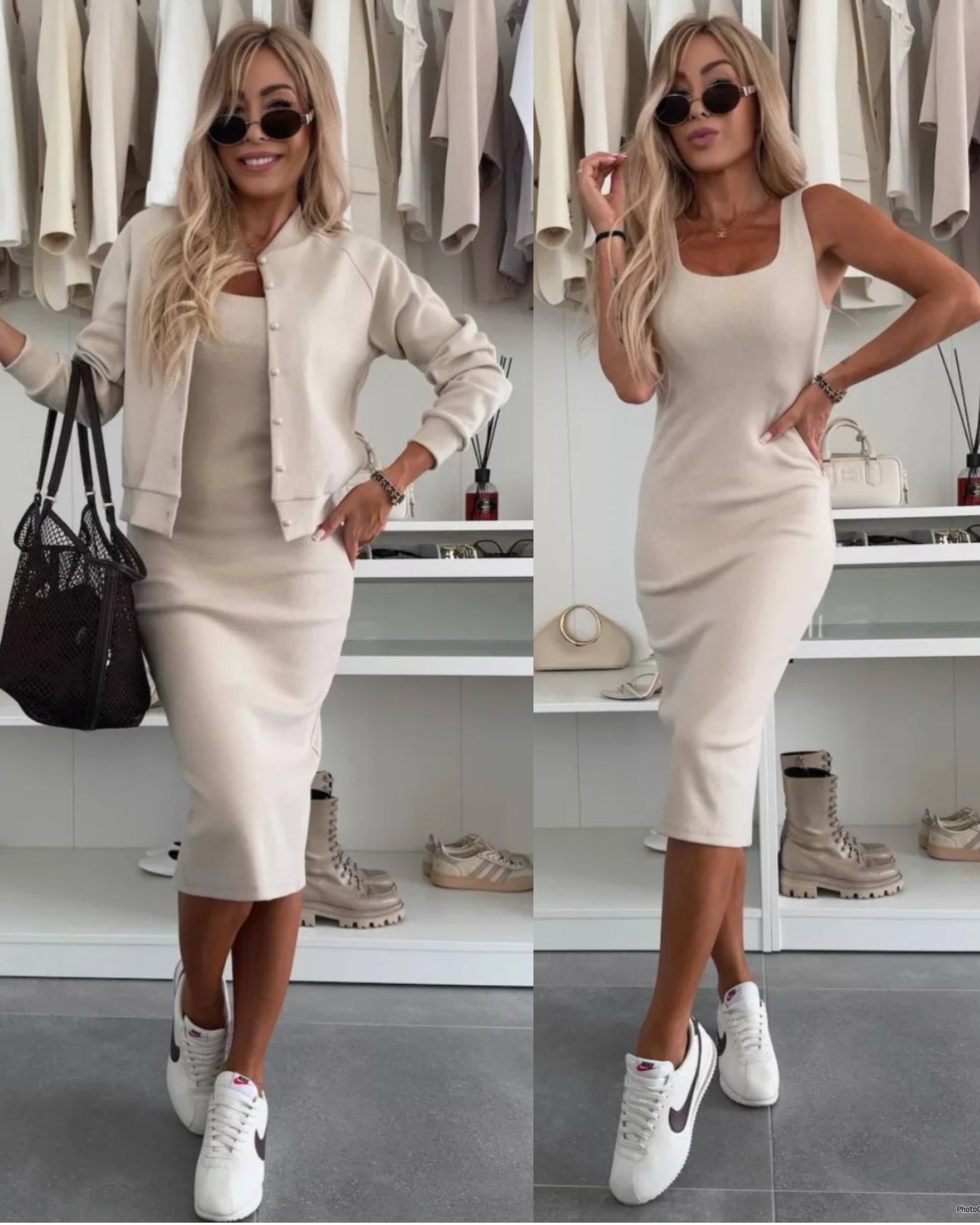 Karin™ | Vestido midi acanalado + Chaqueta bomber