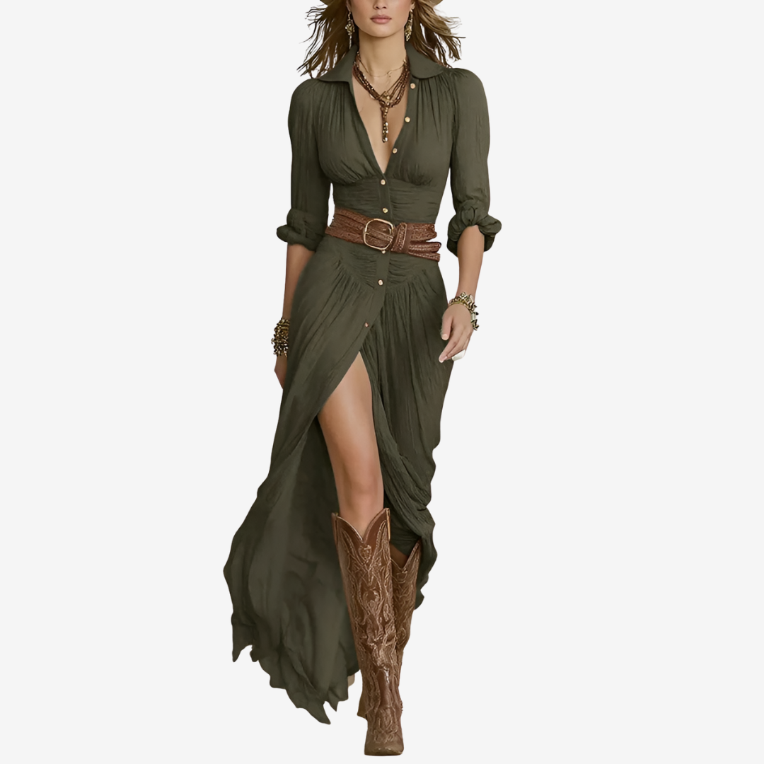 Eve™ – Vestido Largo Fluido con Cinturón