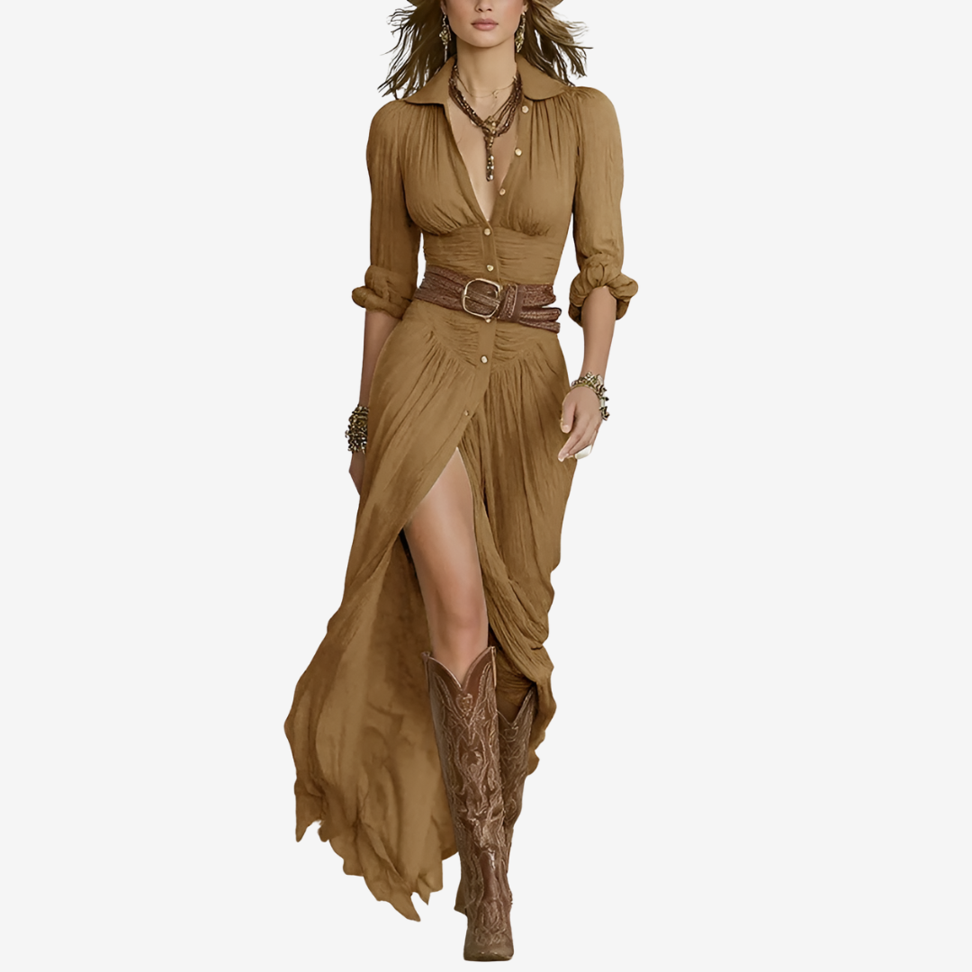 Eve™ – Vestido Largo Fluido con Cinturón