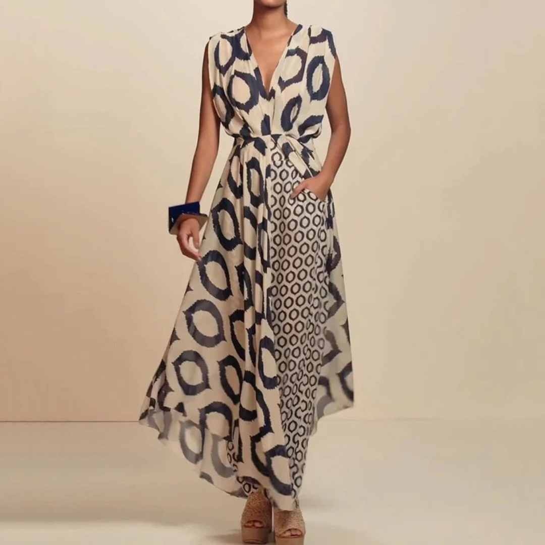 Clara | Vestido Largo Estilo Boho con Estampado Étnico – Corte Fluido y Bolsillos