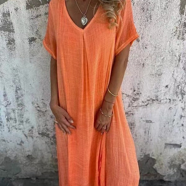 Naia™ - Vestido vaporoso de algodón y lino con cuello en V