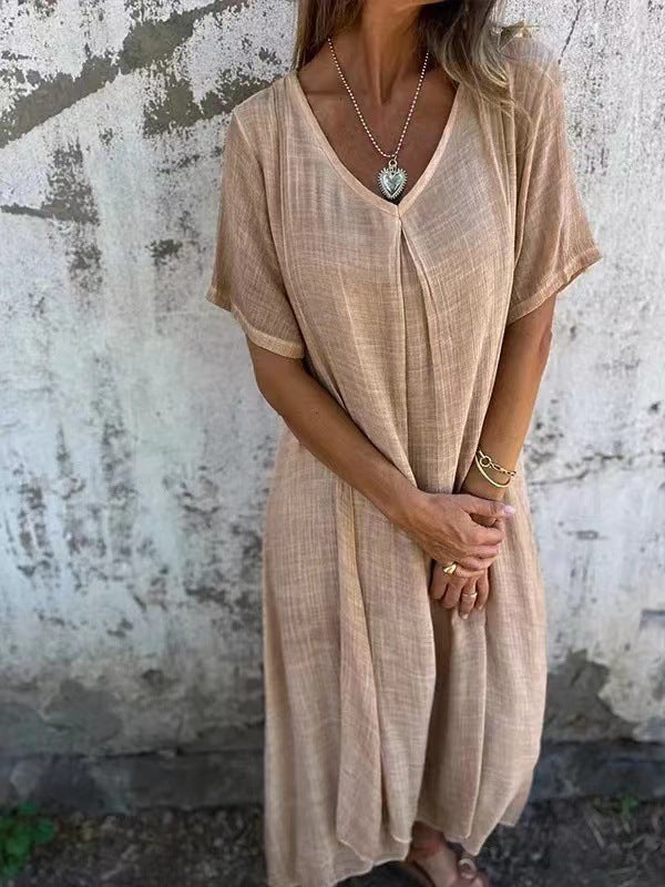Naia™ - Vestido vaporoso de algodón y lino con cuello en V