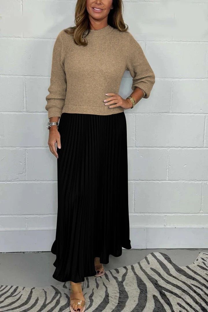 Claudia™ – Vestido Maxi con Jersey y Falda Plisada