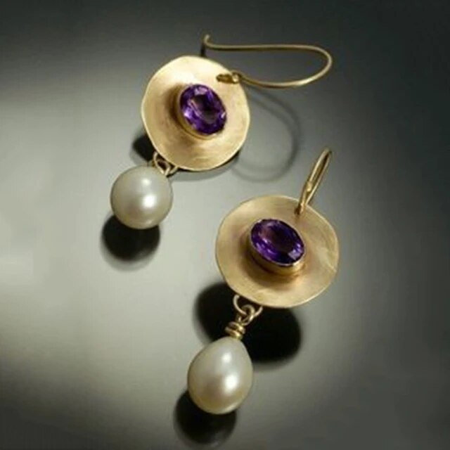 Pendientes Vintage de Oro con Zirconia Violeta y Perlas