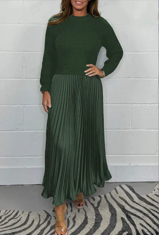 Claudia™ – Vestido Maxi con Jersey y Falda Plisada