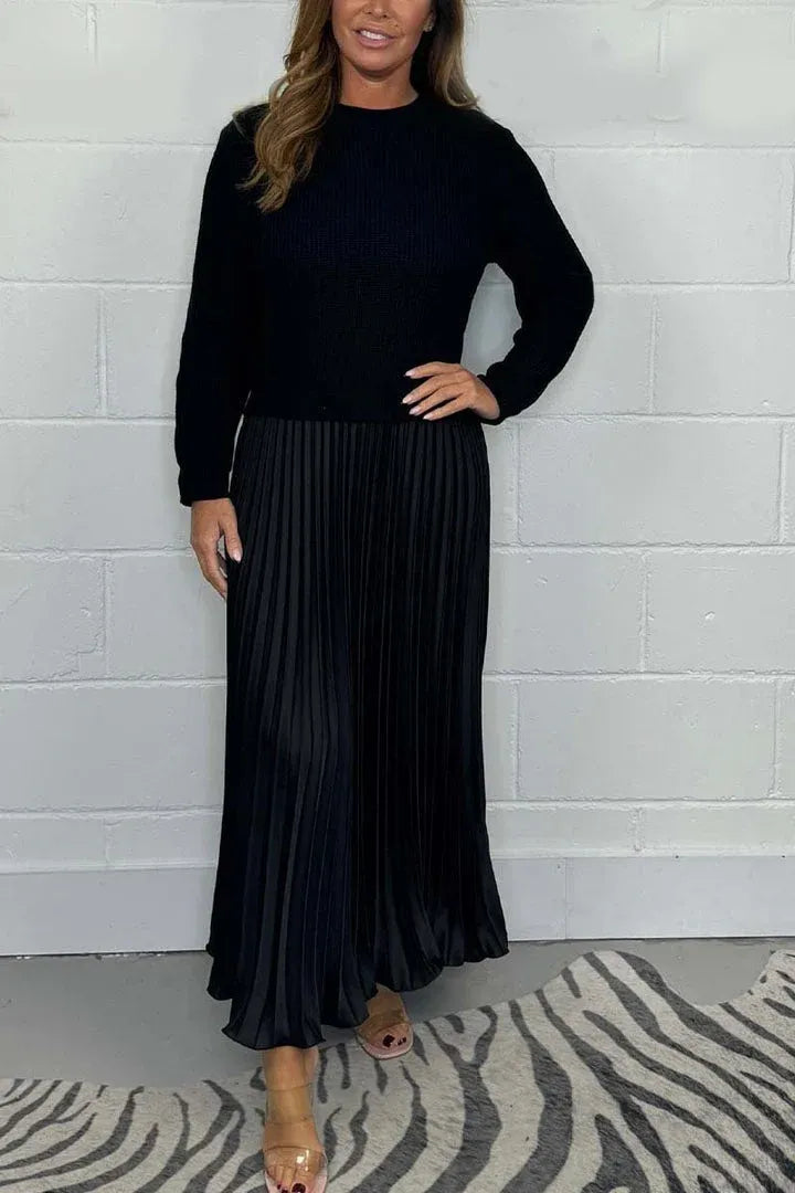 Claudia™ – Vestido Maxi con Jersey y Falda Plisada